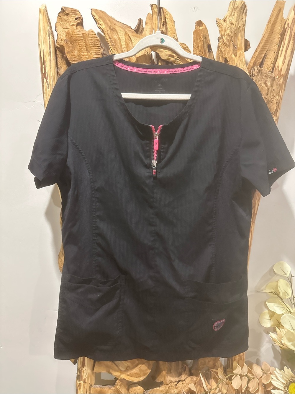 koi Black Short-Sleeve Utility Scrub Top with Pink Accents